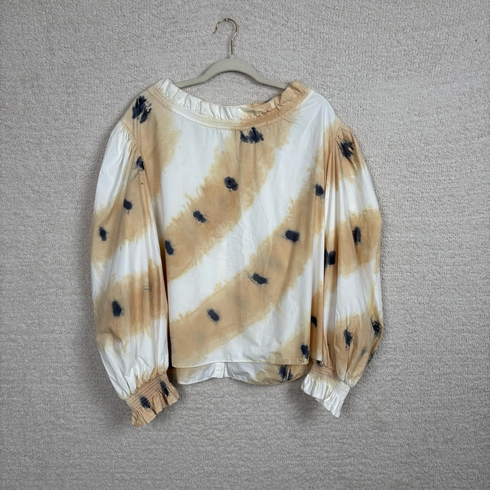 SEA NY Top Womens M Yellow White Marbled Cotton Puff Sleeve Buttoned Back Blouse